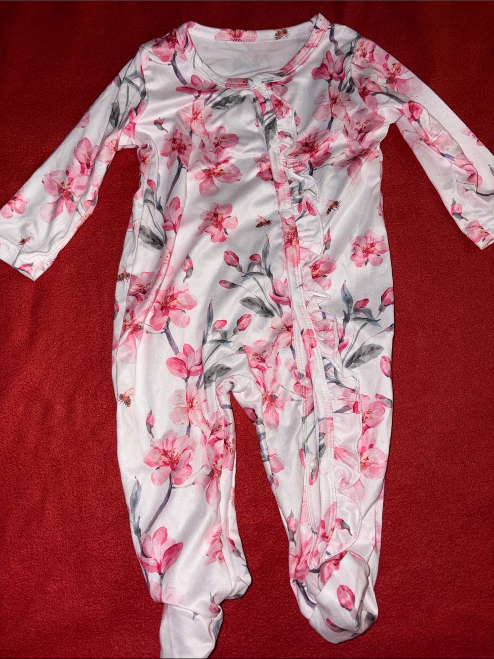 SHEIN White Floral Pink Ruffle Baby Footie One-Piece